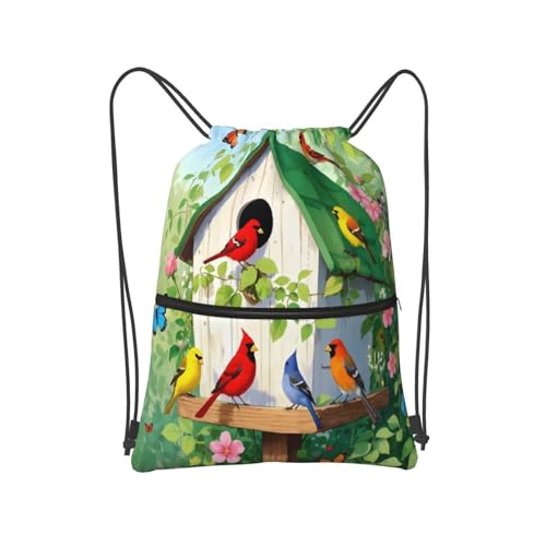 Artistic Birdhouse With Birds On Green Gym Drawstring Bags Water-Resistant String Bag Beach Backpack For Team Work