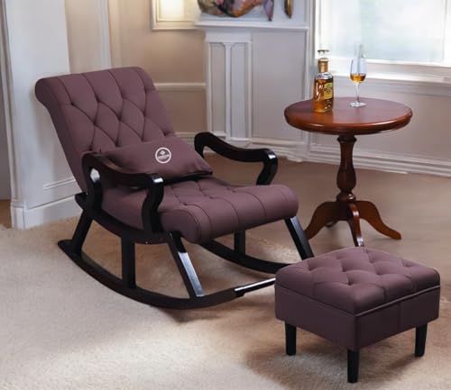 Image of Solid Sheesham Wood Rocking Chair for Living Room with Footrest and Pillow | Ergonomic Resting Chair with Ottoman for Relaxing and Pregnant Women (Brown)