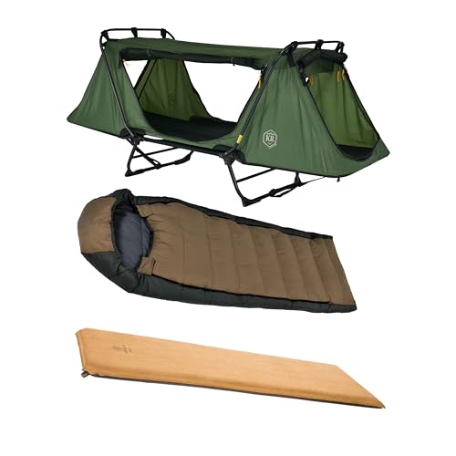 Kamp-Rite Anniversary Series 1 Person Tent cot with 20 Degree Outfitter Sleeping Bag and Self Inflating Sleeping pad for Camping Hunting Fishing 3 Piece Bundle Package (Olive)