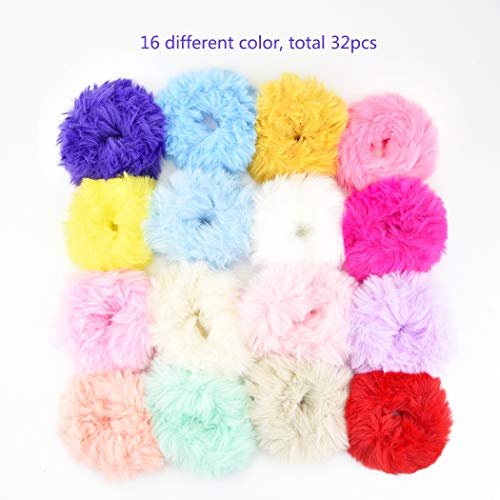 Faux Fur Hair Scrunchies, Jiebor 32Pcs Fur Hair Ties Fuzzy Fur Hair Band Rope Wristband Hair Ring Ponytail Holder Hair Accessories For Women Girls #TOP2