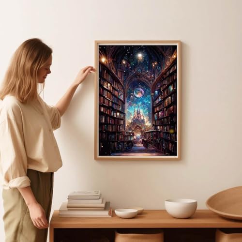 Image of Castle Stamped Cross Stitch Kits for Adults -Library Embroidery Kits for Beginners Adults,11 CT Patterns Dimensions Counted Cross Stitch Kits for Adults Arts Craft 12x16 inch