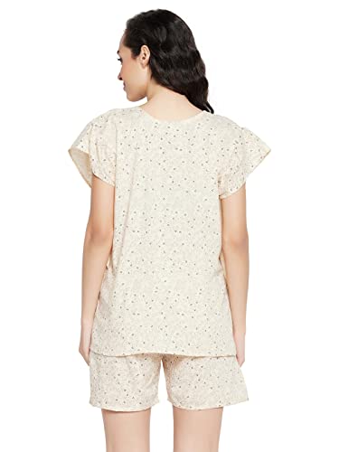 Image of Clovia Women's Cotton Pretty Florals Kaftan Top & Short Set in Beige