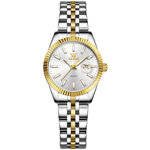 OLEVS Women's Stainless Steel Watch, Luxury Gold Silver Two Tone Easy to Read Analog Quartz Dress Watch for Women, Elegant Waterproof Luminous Calendar Date Ladies Watches for Small Wrists