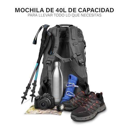 OcioDual Mochila Senderismo 40 Litros, Mochila Trekking, Montaña y Camino de Santiago, Multifuncional, Ligera, Mochilas Hombre para Camping, Acampada, Marcha Nórdica, Supervivencia, Negro - imagen 5