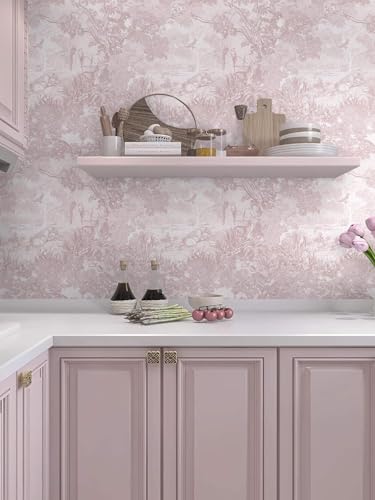 Image of Wallpaper Peel and Stick Toile de Jouy Wallpaper, Pink, Pastoral Scene Pattern, French Country Style, Decorative Wall Covering Home Decor Vinyl Shelf Adhesive 16.5&87inch