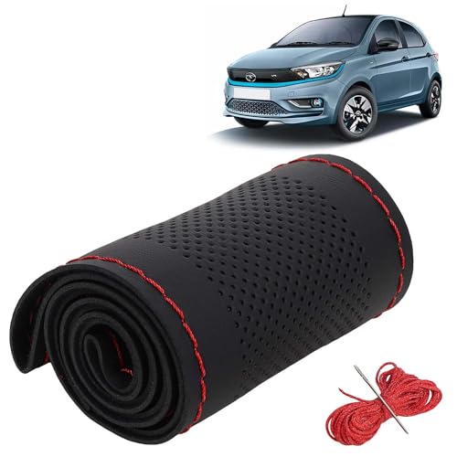 Image of KINGSWAY PU Leatherite Car Steering Cover Sewable Compatible with Tata Tiago EV (Year 2023 Onwards), Black Color with Red Thread, Pack of 1 with Sewing Needle and Thread