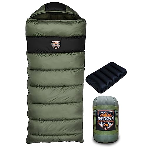 RhinoKraft Ultra-Light Zero Degree Envelope Sleeping Bag for Adults for Mild to Harsh Winter, Portable with Compression Sack for Camping, Trekking, Hiking and Outdoor Activities + Air Travel Pillow