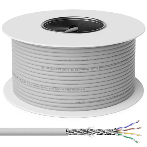 deleyCON 100m CAT6 Kabel Instalacyjny 1000 Mbit Gigabit S/FTP PiMF Ekranowanie Kabel Sieciowy Sztywny do Instalacji Przewód LAN Ethernet Sieć Przewód Danych BauPVO - Szary