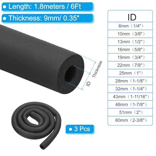PATIKIL 1/2"(13mm) ID x 6Ft Pipe Insulation Foam Tube, 3Pcs Pipe Cover Wrap Roll Bar Padding Tubing for Handle Grip HVAC Outdoor Air Conditioner Units by PATIKIL - Image 2