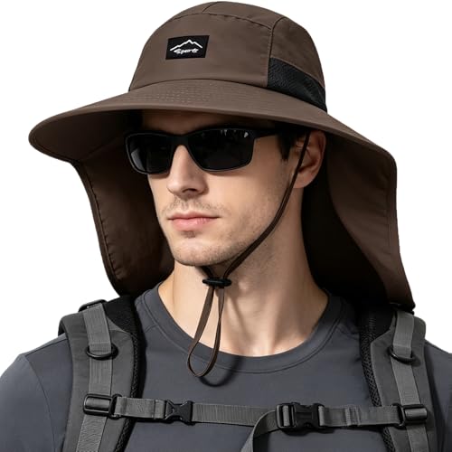 Image of Rosoz Outdoor Sun Hat for Men Women, UPF50+ Protection Safari Cap Wide Brim Mesh Fishing Hat with Neck Flap Beach Garden