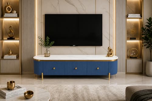 Image of Mazzo White Marble TV Unit Console | 70 inchx15 inchx18 inch | Golden Legs & Charcoal Louvers | Storage Drawers | Modern TV Stand Console Unit White Marble Top with Gold Accents, Storage (Blue)