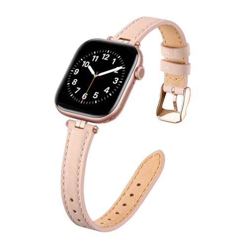 STIROLL Thin Leather Band Compatible with Apple Watch Bands 49mm 46mm 45mm 44mm 42mm (Series 3/2/1) Women, Stylish Top-Grain Leather Strap Slim Wristband for iWatch SE3/2/1 Series 10 9 8 7 6 5 4 Ultra, Pink Sand/Rose Gold by STIROLL - Used condition - US$14.77