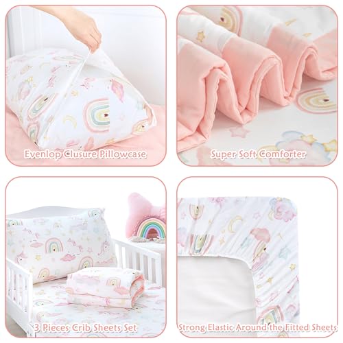 Image of Pea Pod Muslin Toddler Bedding Set 3-Piece - Soft Breathable Crib Bedding with Fitted Sheet, Quilt & Pillowcase for Infant & Kids Bed | Machine Washable Nursery Bed Set, Unicorn Rainbow