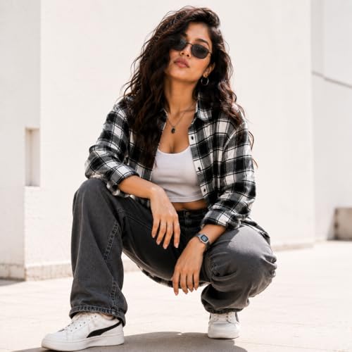 Image of Women's Casual Shirt, Cotton, Black and White Plaid