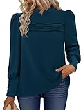 Magritta Puff Long Sleeve Womens Tops Winter Blouses Trendy Casual Fall Tops Loose Fit Dressy Pleated Fitted Mock Neck Tunic Shirts Blue L