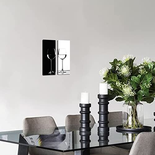 Kitchen Wall Art Black And White Wine Pictures Wall Decor Modern Dining Room Wine Cups Canvas Paintings For Living Room Home Decorations Abstract Minimalist Glass Artworks Bar Wall Decor 6X16" 2 Pcs #TOP4