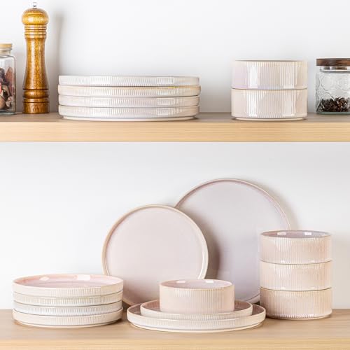 Image of TheTerra Ceramic Dinnerware Sets for 4, 12 Pieces Porcelain Lightweight Plates and Bowls Sets, Scratch Resistant Dish Set, Oven & Microwave & Dishwasher Safe, Primrose Pink