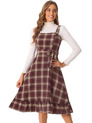 Image of Allegra K Plaid Dress for Women Ruffled Sleeveless Vintage Tie Waist A-Line Pinafore Overall Dresses Red Black S