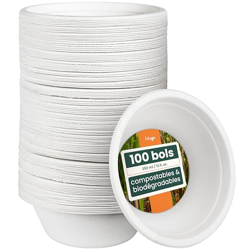HAAGO - 100 Bols de Canne à Sucre Jetables 350ml - Solide, Rigide & Étanche - Écologique & Compostable à la Maison - Soupe, Apéritif, Desserts, Crème Glacée