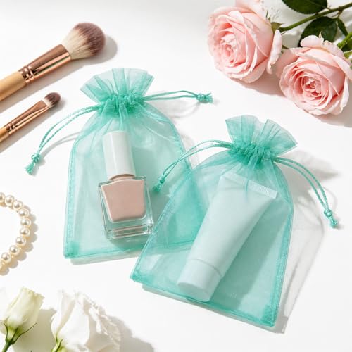 Image of joycraft 50Pcs Aqua Blue Organza Bags - 2.7x3.5 In Sheer Jewelry Drawstring Mesh Pouch, Small Holiday Organza Pouch for Christmas, Thanksgiving, Wedding Favor, Small Business