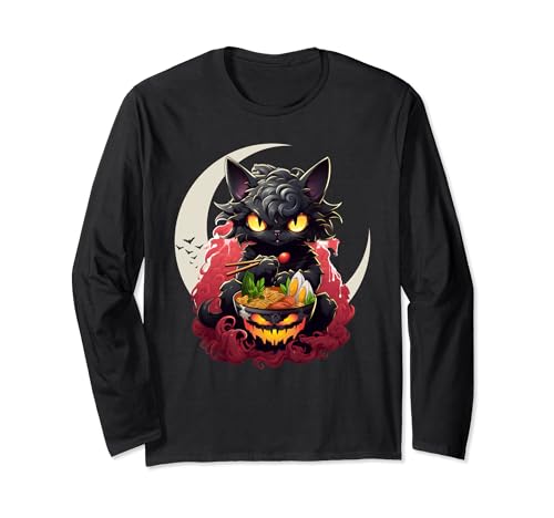 Kawaii Creepy Cat Eating Ramen Noodles Halloween Cat Kids Maglia a Manica