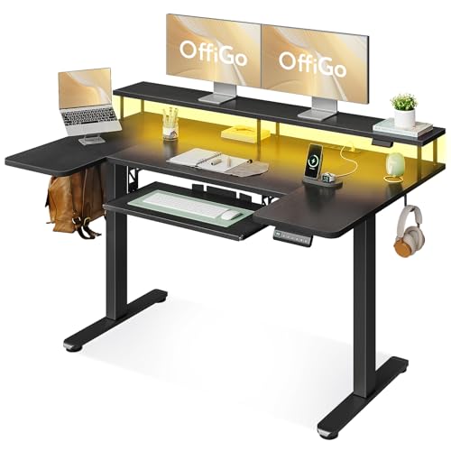OffiGo U Shaped Electric Standing Desk with Keyboard Tray, 55 Inch Height Adjustable Desk with Power Outlets & LED Lights, Sit Stand Table with Monitor Stand for Home, Office, Black