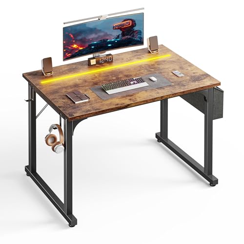 Image of DurayLoly 32 inch Computer Desk with Waterproof LED Lights,Bedroom Study Desk for Teens,Dorm Room Essentials,Headphone Hook&Storage Bag for Small Spaces,Sturdy Metal Frame,Rustic Brown
