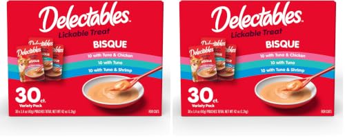 Image of Delectables Lickable Treat Bisque Wet Cat Treat Variety Pack, Food Topper, Hydrating, Grain-Free, No Fillers, No By-Products, No Added Preservatives, 1.4oz Pouch, (Pack of 60)