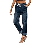 hayudier Women's Denim Stretch Joggers Drawstring Elastic Waist Pull On Jeans Casual Baggy Jeans Cropped Jeans with Pockets Dark Blue Medium