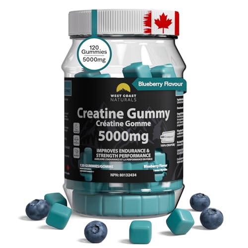 West Coast Naturals Creatine Monohydrate Gummies 5000 mg – Saveur myrtille, sans sucre ajouté, complément à mâcher pour homme et femme, végétalien, certifié casher – 120 unités