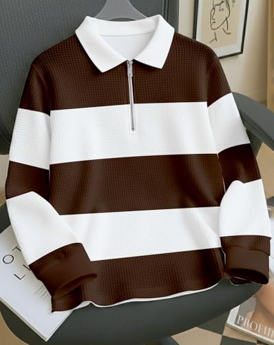Image of Mens Stylish Half Zip Tshirt, Texture Striped Casual T-Shirt for Men, Formal Collared Neck Full Sleeves T-Shirt for Boys
