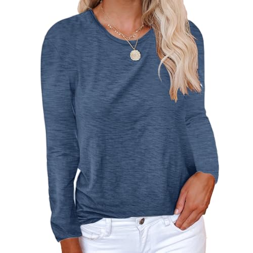 Cicy Bell T-Shirt Damen Langarm für Damen Oberteile Rundhals Casual Locker Lässig Sommer Baumwolle T-Shirts Marine Blau M