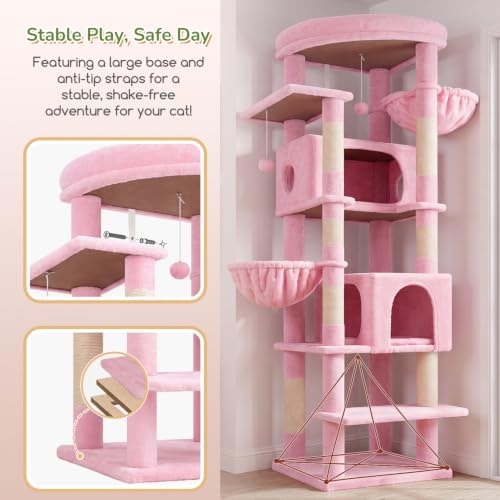 Image of Globlazer Pink Heavy Duty Cat Tree, 74in Sturdy Cat Tower for Large Cats Adult, Big Cat Tree with 7 Sisal Scratching Posts, 2 Padded Condos, 2 Dual-Ear Hanging Baskets, Enlarged Top Perch, S74, Pink