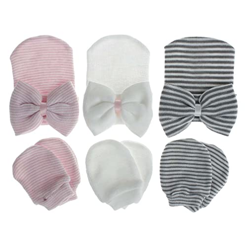 LNICEAR Newborn Baby Girls Hospital Hat Mittens Set with Big Bows Soft Cute Beanie Infant Hats Scratch Gloves 0-3 Months