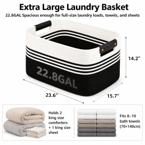 Image of Cotton Rope Laundry Basket Extra Large, 22.8GAL Collapsible Woven Storage Baskets for Living Room Kids Toys Stuffed Animal,Boho Rectangular Decorative Hamper for Dirty Clothes, Blankets White Black