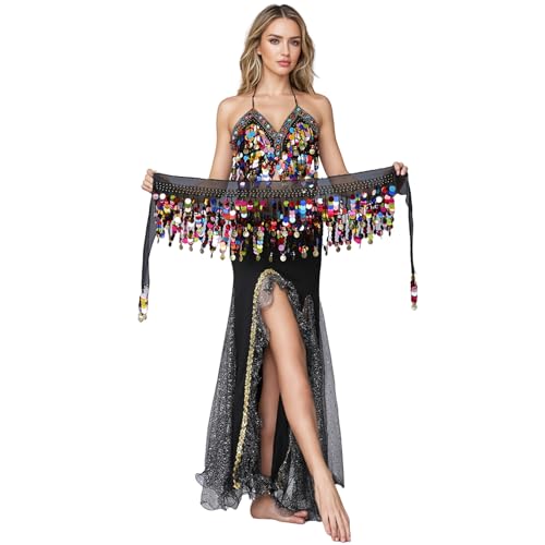 Baisdan Women Sequin Belly Dance Bra Top, Sparkly Fringe Tassel Halter Top Festival Carnival Costume