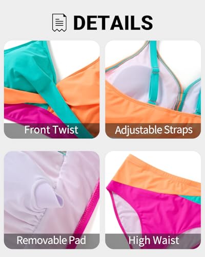 Image of Tempt Me Plus Size High Waisted Two Piece Swimsuit Color Block Bikini Set | Removable Padded Cups for Large Bust, Twist front Design, Color Block Style, Adjustable Straps