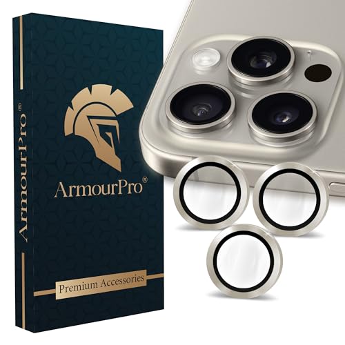 Image of ArmourPro Premium Camera Lens Protector Tempered Glass Compatible For iPhone 15 Pro max and iPhone 15 Pro Tough HD Individual Aluminum Alloy Rings 9H Camera Cover , Scratch-Resistant,Camera Lens Protection| Natural Titanium