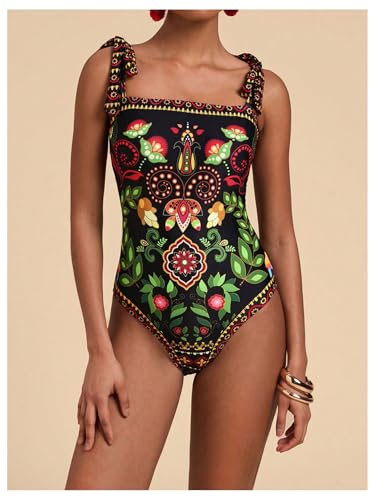 WDIRARA Women's Boho Floral Print One Piece Swimsuit Tie Shoulder Tummy Control Swimwear4