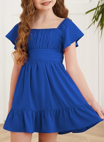 Girls Elegant Ruffle Short Sleeve Back Tie Dresses 6-13 Years Old3