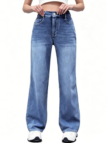 ELLEVEN High Waisted Straight Leg Sweatpant Jeans Woman High Stretchy Pull on Wide Leg Baggy Jeans High Waisted with Elastic Waist Blue Denim Large