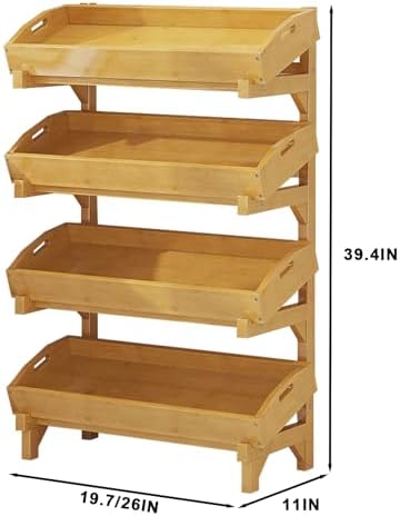 Multi-Layer Fruit & Vegetable Storage Rack, Removable Potato & Onion Bin, Grooved Design for Kitchen & Dining Room, Flat or Tilted Use, Brown 26"x11"x39.4"