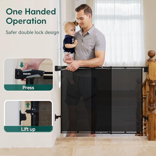 Babelio 26-43\" No Bottom Bar Baby Gate for Babies, Elders and Pets, Mesh Gate with Large Walk Thru Door, One-Handed Open, Auto-Closing, Hardware Mount Safety Gate for Stairs and Doorways, Black