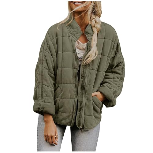 Free People Dup Es,Free People Inspired Clothes Dupe Quilted Jackets for Women Puffer Lightweight Zip Up Winter Coats Womens Packable Oversized Plus Size Jacket Army Green