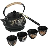 Jotboom Japanese Cast Iron Tea Kettle, Pine & Crane Teapot with Removable Infusers for Loose Tea, Stovetop Kettle with Enamel Interior & 4 Stainless Steel Tea Cups, 28oz, Black