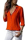 YMING Women Work Casual Chiffon Button Down Long Sleeve Solid Shirt Blouse Top Orange M