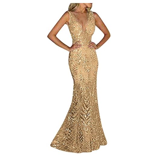 Robe Femme Pas Cher Robe De Soirée pour Femmes Robe De Bal Dorée Bling Paillettes Dames Longues sans Manches Robes De Soirée Robes Noires Longues (Gold, XXL)