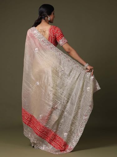 Image of SAREE MALL Women's Tissue Embroidered Saree With Unstitched Blouse Piece