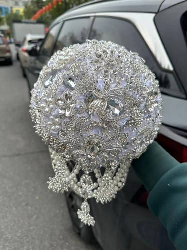 Image of MaxxCloud Luxury Gatsby-Inspired Vintage Wedding Golden Brooch Bouquets Handmade Sliver Bling Glam Wedding Bridal Bouquet (White, 7.1'' /18cm)