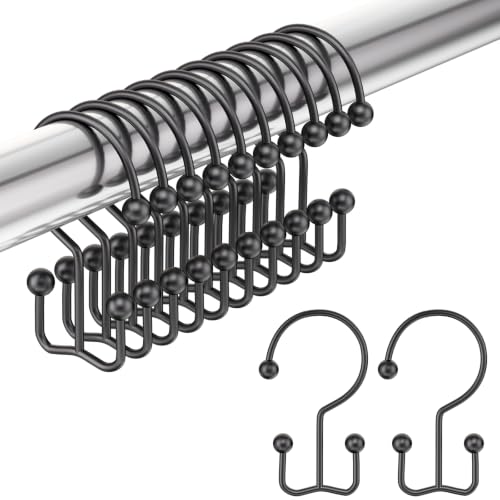 Image of Amazer Shower Curtain Hooks Black Double Shower Curtain Hooks, Shower Curtain Rings Sturdy Stainless Steel Shower Hooks for Bathroom Shower Curtain Rod, 12Pcs Shower Curtain Hangers